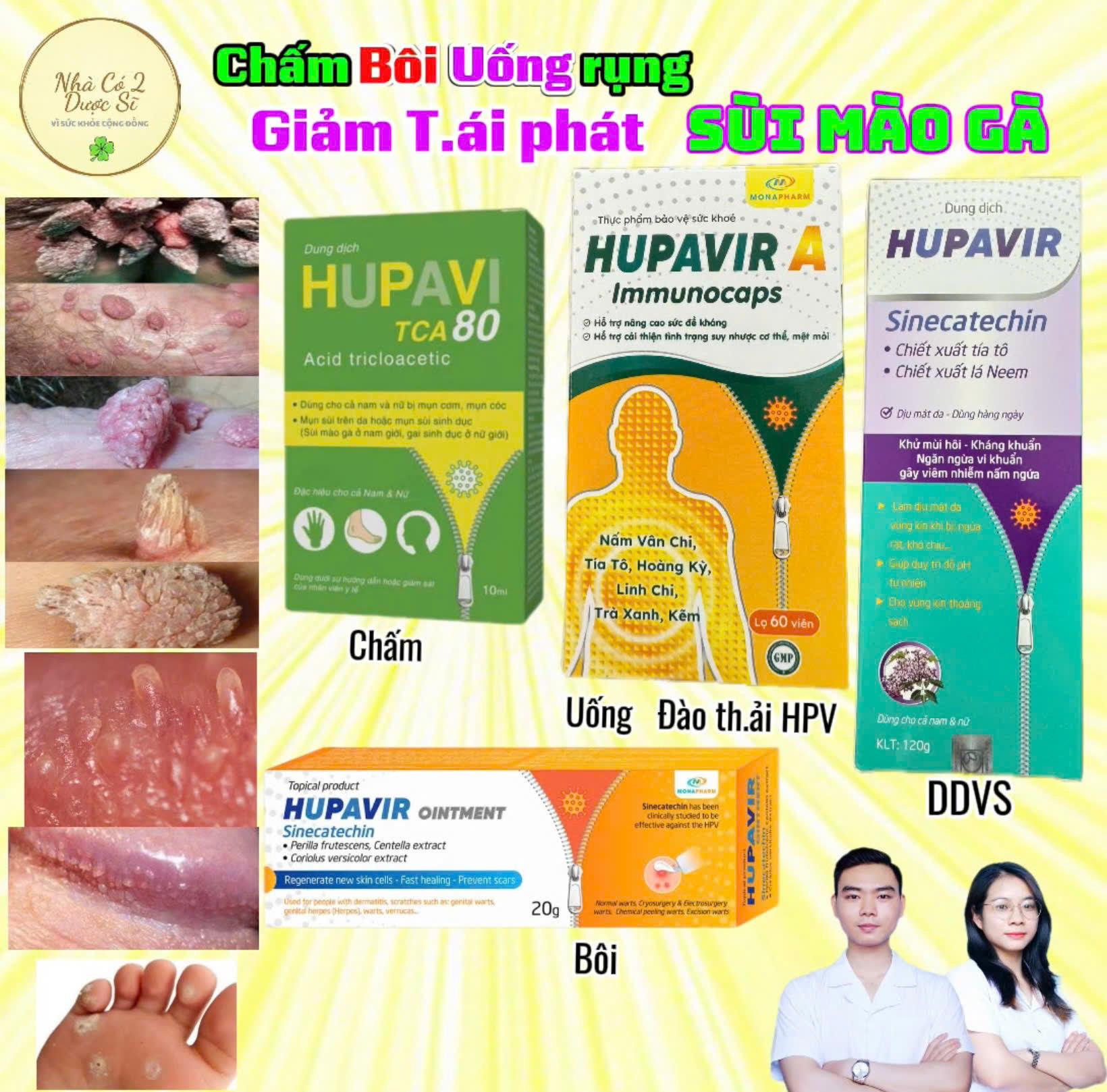 Bộ Chấm Bôi Uống Rửa Rụng SÙI MÀO GÀ (Hupavir TCA, Hupavir Ointment, HupavirA Immunocaps, Hupavir Sinecatechin) Cho Nam Và Nữ